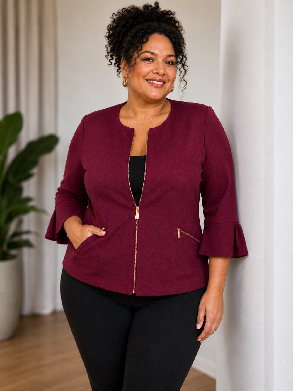 Roz & Ali Burgundy Zip Front Blazer Jacket Womens 2X Gold Hardware Career